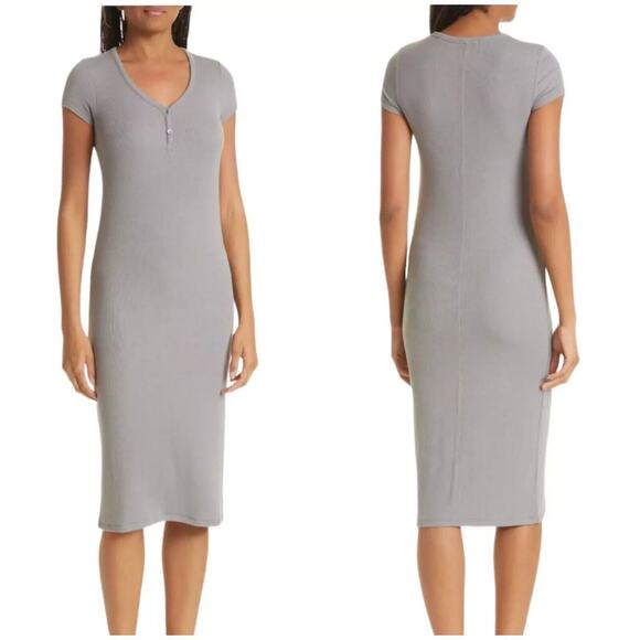 NWT ATM Jay Stretch Modal Ribbed Midi Dress Short Cap Sleeve V-Neck Gray Size XS - Picture 1 of 5